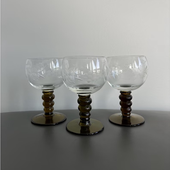 German Roemer Etched Glassware Grapes Pattern Set of 3 Crystal Glass - Picture 1 of 6